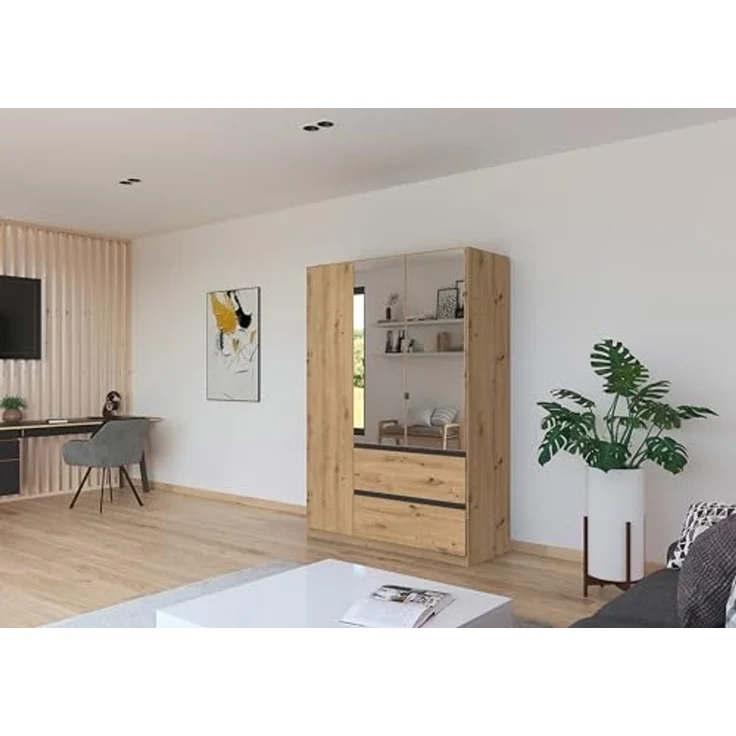 Rauch Möbel Costa, Kleiderschrank für Schlafzimmer, Kinderzimmer, Babyzimmer, Garderobe, 3-türig, Spiegel, 2 Schubladen, Push-to-Open, Zubehör Premium, Farbe Eiche Artisan, Holz, Breite 136 cm – Bild 2