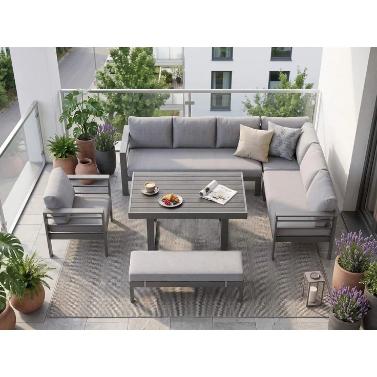 MeXo Gartenlounge-Set XXL Outdoor Lounge Set mit Esstisch, (wetterfeste modulare Ecklounge aus Aluminium, 6-tlg, Gartenmöbel Set für 6-9 Personen), 12cm Deluxe Relax-Sitzkissen, 8 cm breite Armlehne – Bild 3