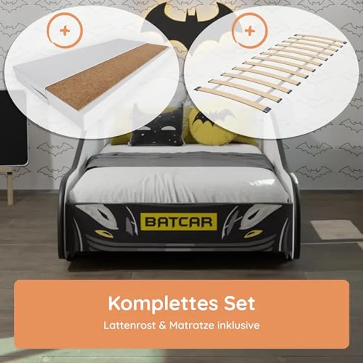 Kids Collective Autobett 70x140, 80x160 cm Kinderbett Jugendbett mit Rausfallschutz (Spielbett Batman Batmobil Bat Car Auto), Bett in schwarz Kinderbett 80x160 cm mit Matratze – Bild 8