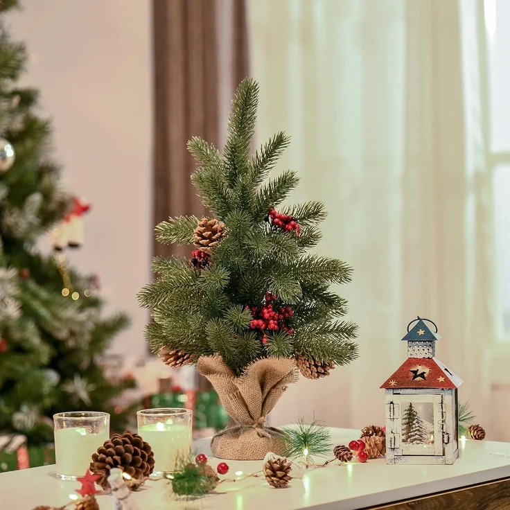 HOMCOM Künstlicher Weihnachtsbaum Mini Weihnachtsbaum mit Tannenzapfen, roten Beeren, 50 cm hoch, Fischte, für Tisch und Schreibtisch – Bild 2