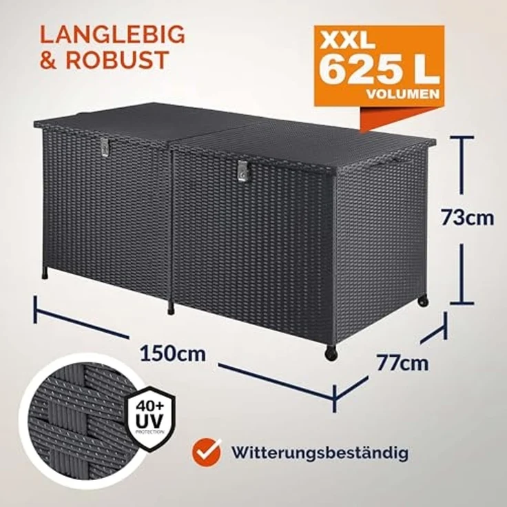 Casaria Auflagenbox (1 St), XXL Polyrattan Wetterfest 625L UV-beständig Rollen Wintergarten – Bild 5