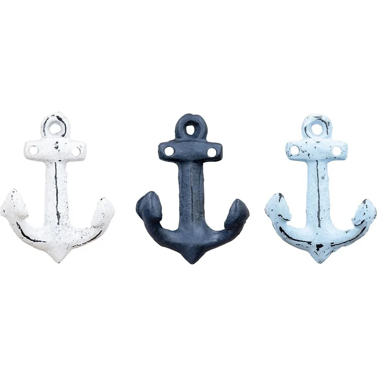 Levandeo® Garderobenhaken, 3er Set Anker Wandhaken Blau Weiß Metall Garderobenhaken Maritime