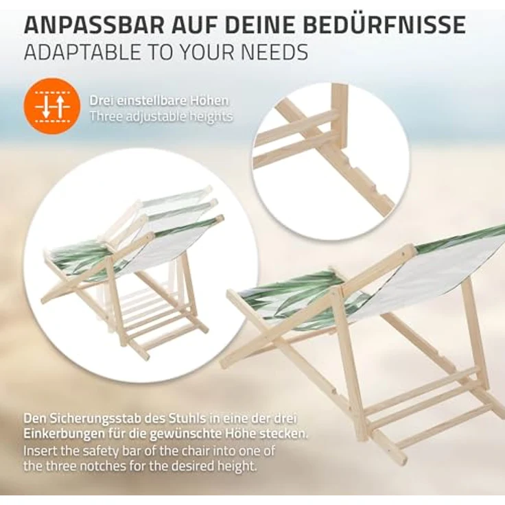 ECD Germany Gartenliege Holz Liegestuhl, 2er Set klappbare Strandliege mit 3-fach verstellbarer Rückenlehne, Grün-Weiß mit Palme – Bild 6