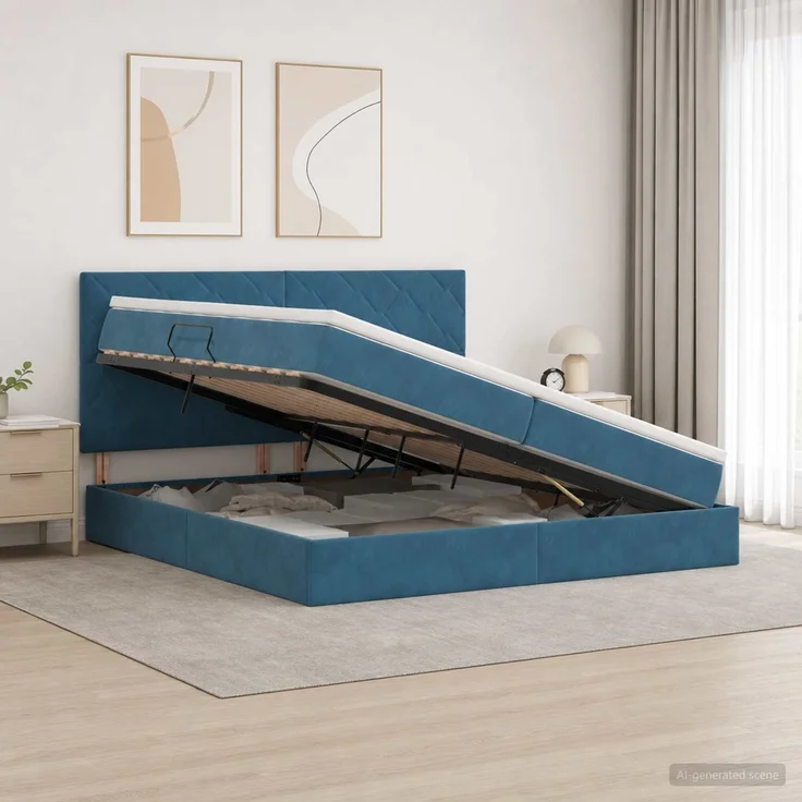 vidaXL Aufbewahrungsbett mit Matratze Dunkelblau 200 x 200 cm Samt 3459775 – Bild 1