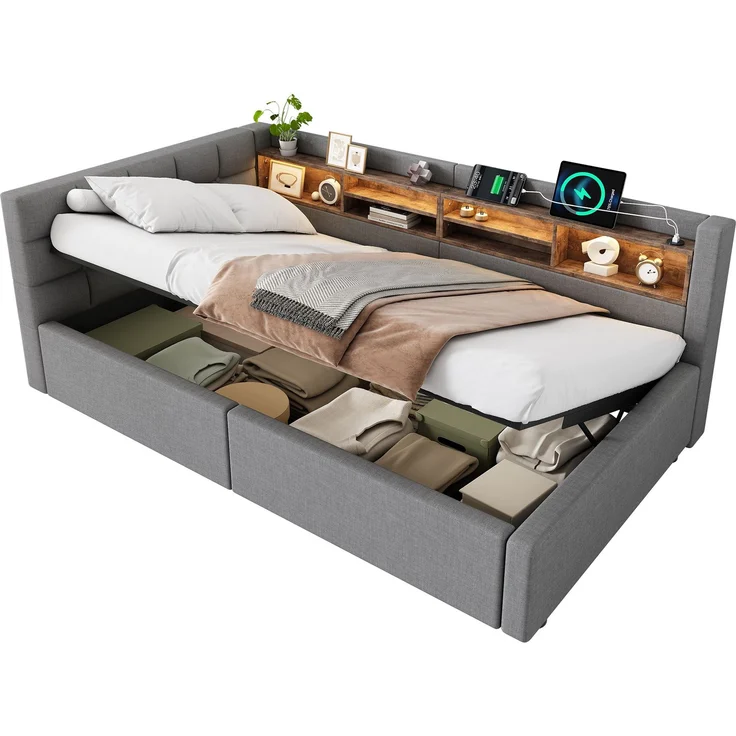 Daybett, Tagesbett, Schlafsofa,90x200cm, Ohne Matratze, Hydraulische Lagerung, mit dimmbarer LED-Leiste, mit praktischem Regal, mit USB-Anschluss, Grau – Bild 7