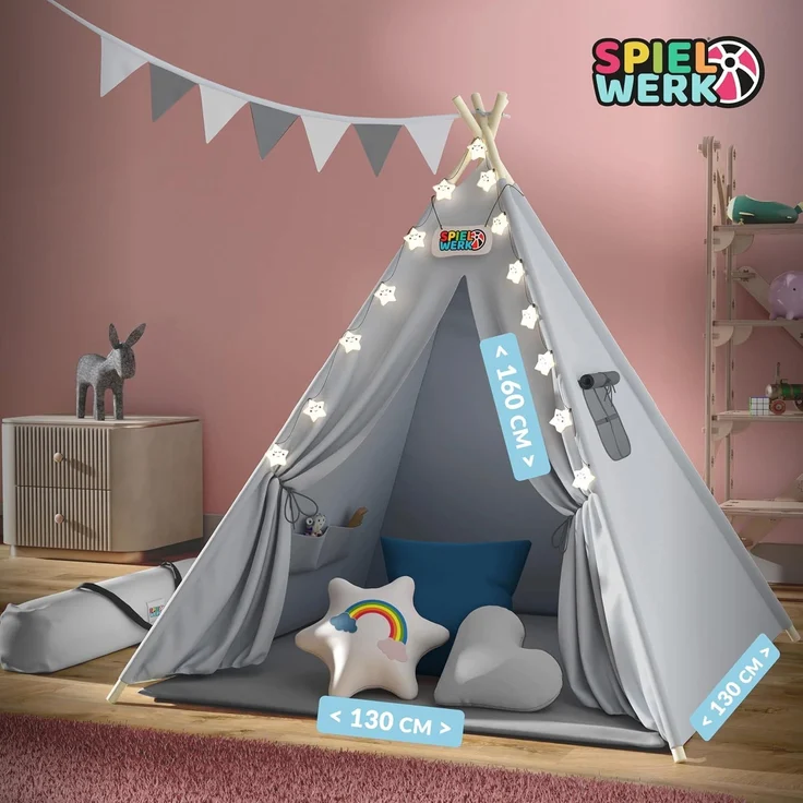 Spielwerk Kindertipi mit Lichterkette, Bodenmatte & Kissen, Baumwolle grau, 120 x 120 x 160 cm – Bild 8