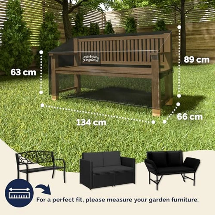 Kingsleeve Gartenmöbel-Schutzhülle, Wasserdicht und Winterfest, Abdeckplane für Gartenbank 134x66xH63/89 cm, reißfest und UV-beständig mit Belüftungsöffnung – Bild 2
