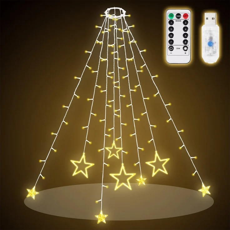 SALCAR 2m Christbaumbeleuchtung mit Ring, Sterne Lichterkette Weihnachtsbaum mit Fernbedienung und 9 Modi, LED Tannenbaum Überwurflichterkette, Warmweiß – Bild 1