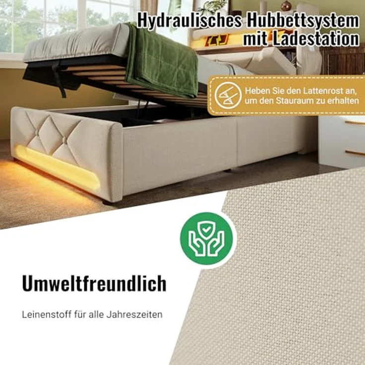 FAVSH Polsterbett Doppelbett 90x200 cm, Stauraumbett Bett mit USB Type-C Port und Einstellbar Stauraum Kopfteil, LED Hydraulisches Bett Stauraumbett Jugendbett,Leinen, ohne Matratze (Beige) – Bild 6