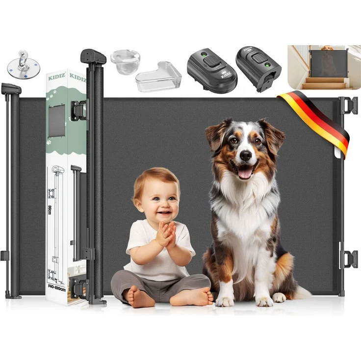 KIDIZ® Treppenschutzgitter Türschutzgitter ausziehbar bis 140/180cm | kindersicheres Treppengitter für Babys & Haustiere | Schutzgitter Treppen & Türen Absperrgitter inkl. Bodenanker & Montagezubehör Schwarz, 0-140cm – Bild 1