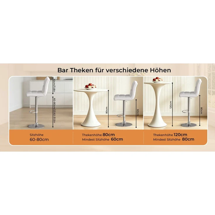 Botifly 2er Set Barhocker Weiß Kunstleder, Höhenverstellbar 60-80cm, 360° Drehbare Barstühle mit Fußstütze, Gepolsterte Theke Hocker für Küche & Bar, SGS Zertifiziert, 46 x 45 x 55 cm – Bild 9