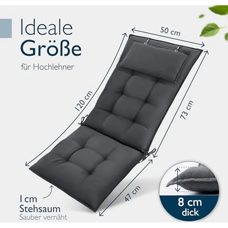 Beautissu Hochlehnerauflage 6er Set Sun-HL, 120x50x8cm, Anthrazit, mit Kopfpolster, rutschfest, robust, UV 5, Befestigungsbänder – Bild 3