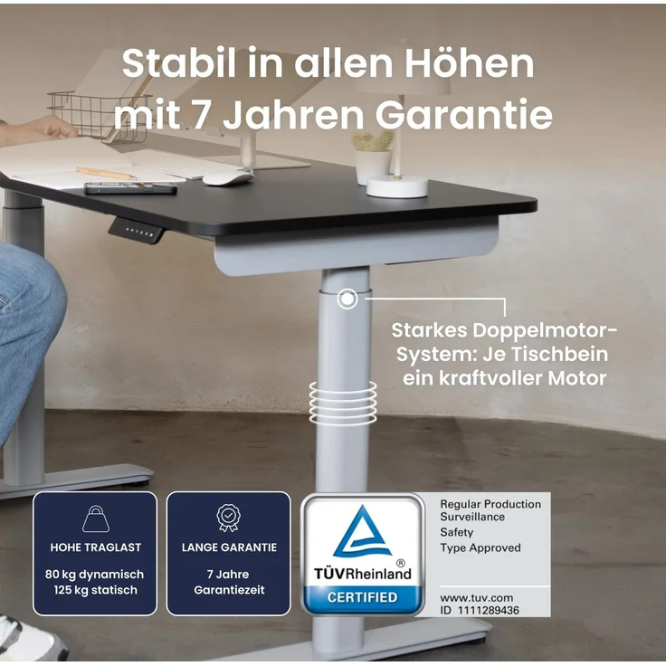 Ergotopia Desktopia One I Elektrisch höhenverstellbarer Schreibtisch I Tischplatte: 120x65cm, Weiß Dekor I Gestell Platingrau I Top Preis-Leistung – Bild 2