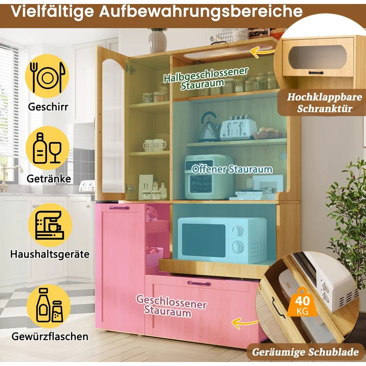 EINHOM Highboard mit verstellbaren Regalböden und Schubladen, Küchenschrank mit ausziehbaren Regalböden und Riffelglas, Ideal für Esszimmer, Wohnzimmer und Küche (Natur) – Bild 7