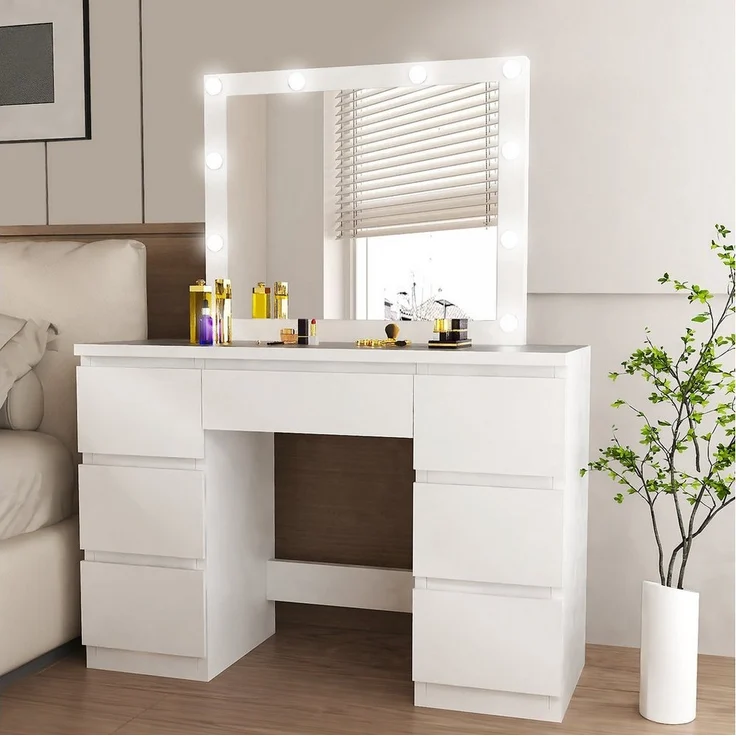 oyajia Schminktisch Kosmetiktisch mit Spiegel und LED-Beleuchtung, 7 Schubladen (Weiß Frisierkommode Kosmetiktisch Hollywood mit LED-Beleuchtung), 2 AC Steckdose, 1 USB-Anschluss, 1 Type-C Anschluss – Bild 5