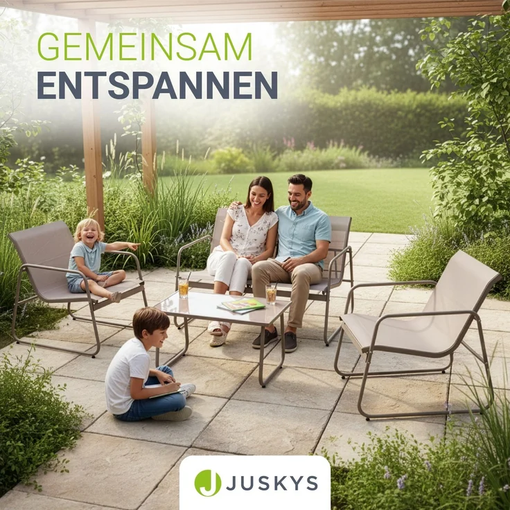 Juskys Gartenmöbelset Genua 4-tlg. – Sand, Outdoor Sitzgruppe, Tisch & Bank, wetterfestes Textil, LongLife Stahlgestell – Bild 7