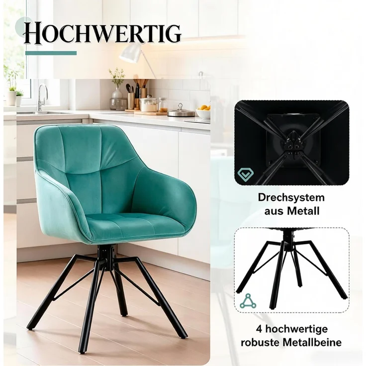 Esszimmerstuhl 57x41x82,5 cm im 2er-Set, drehbar mit Armlehnen und Samtbezug – Bild 5