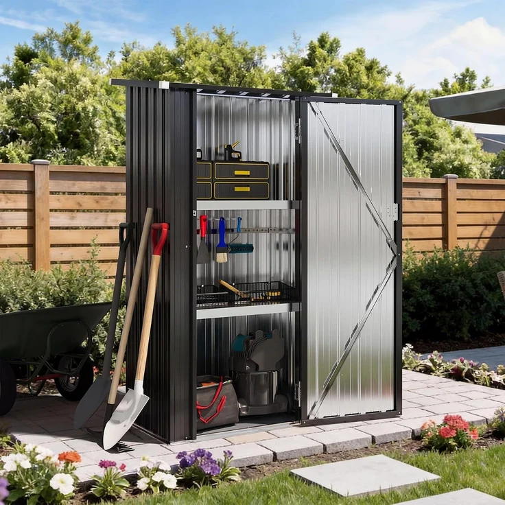 Aoxun Metall-Gerätehaus 88x61x164cm mit 2 verstellbaren Regalböden, Kleiner abschließbarer Werkzeugschrank für Garten, Terrasse & Hof, Schwarz – Bild 1