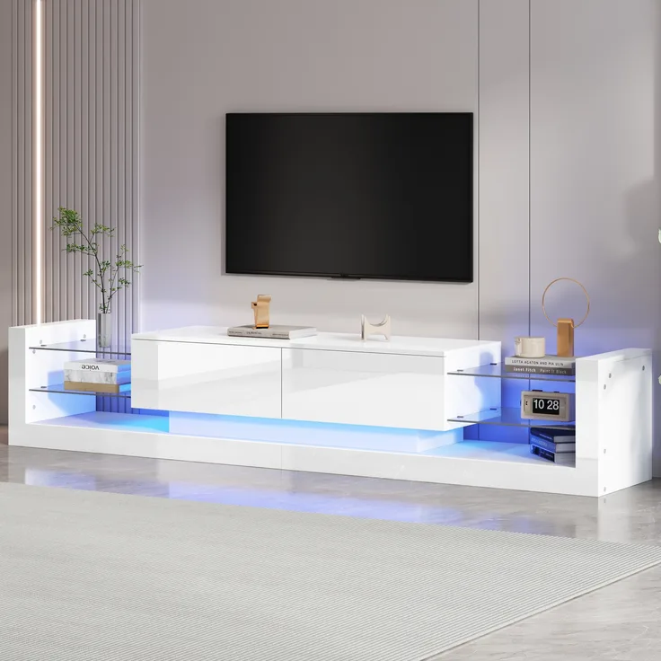 TV-Schrank, Hochglanz, mit LED-Beleuchtung & 2 Klappschubladen, 181x38x38 cm, Weiß