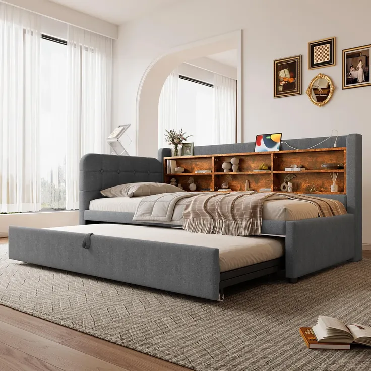 Stauraumbett mit Lattenrost, Regal, USB und Type-C Anschluss, 90x200cm/180x200cm, Liegefläche erweiterbar, Einzelbett, Polsterbett, Leinen – Bild 2