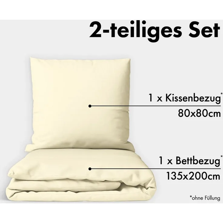 JACOBSON Bettwäsche 135x200 Set - 100% Baumwolle Bettbezug 135x200 cm + 1 Kissenbezug 80x80 cm, Perkal Bettwäsche 2-teilig mit Reißverschluss (135x200 cm, Natur, 2-teilig)