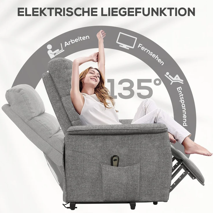 Relaxsessel mit Aufstehhilfe Elektrisch verstellbar Rückenlehne und Fußteil Fernbedienung Leinenoptik Grau 120kg – Bild 2