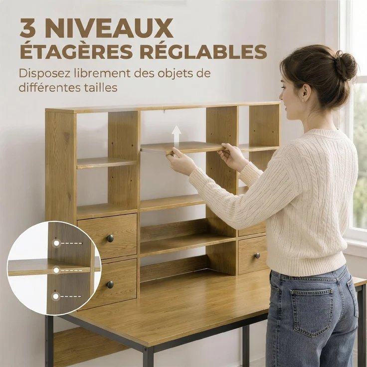 Computerschreibtisch mit 4 Schubladen, 105 x 60 cm, Schreibtisch mit Stauraum, offene Regale, 105 x 60 cm, Naturholz – Bild 8