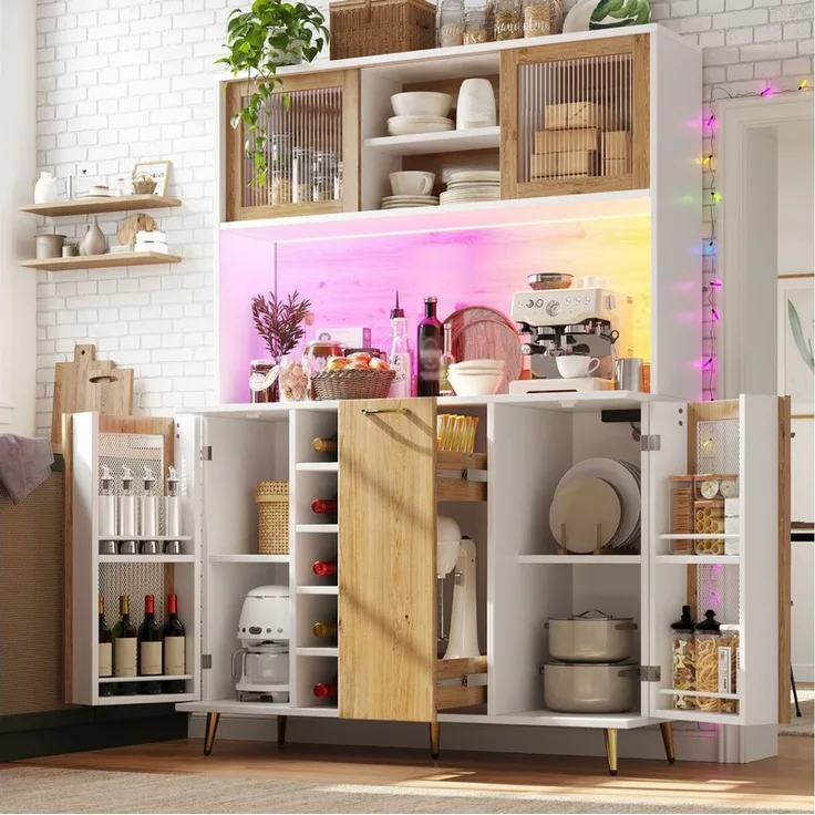 Flieks Küchenbuffet mit Steckdose, LED-Beleuchtung, Glasschiebetüren und Weinregal (Buffetschrank in Holzoptik mit Glasschiebetüren und Drahtgitter-Türen, 1-St, B120/T40/H170 cm) Hochschrank Küchenschrank Geschirrschrank mit verstellbarer Ablagen