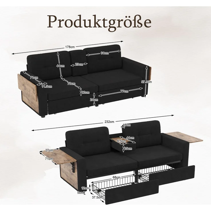 ZUBALIYA Schlafsofa 71x57.5 cm, mit Schreibtisch, mit Schubladen, mit Stauraum, mit Ablageflächen, mit Ausziehbett, Schwarz – Bild 6