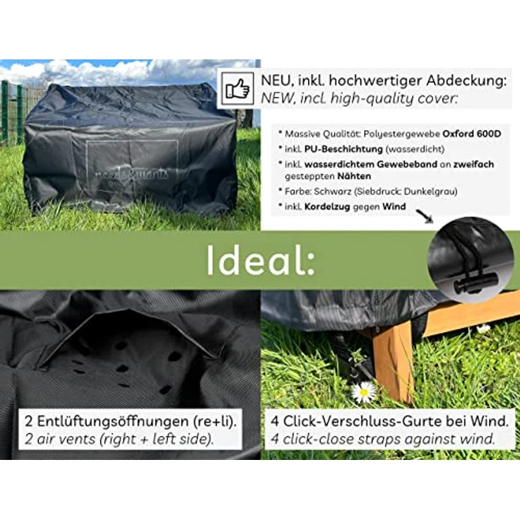 needs&wants Chesty3 Zoll Gartenbank Holz wetterfest, 2-Sitzer Truhenbank mit Stauraum, Dunkelbraun, Massivholz mit Abdeckung – Bild 5