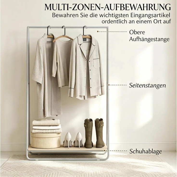 Garderobenständer 80 x 44 x 140 cm mit Schuhablage und Kleiderstange – Metall und Spanplatte – Bild 7