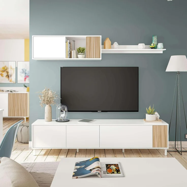 Habitdesign, Wohnzimmermöbel mit großem Stauraum, 5 Drehtüren und 1 Klapptür, in Artik weiß und Natur, moderner Stil für Esszimmer, Maße: 200 x 47 x 40 cm (B x H x T), Modell Ethna – Bild 7