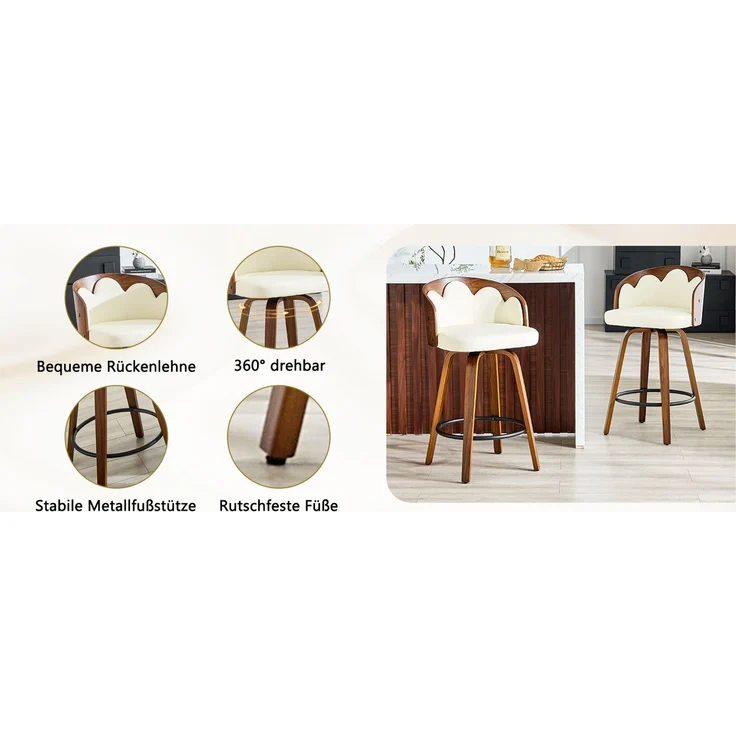 2er Set Barhocker mit Blüten-Rückenlehne, Bugholz, PU-Leder, Metall-Fußstütze, modern--Weiß--89x41.5x46.5cm--YOUDENOVA – Bild 5