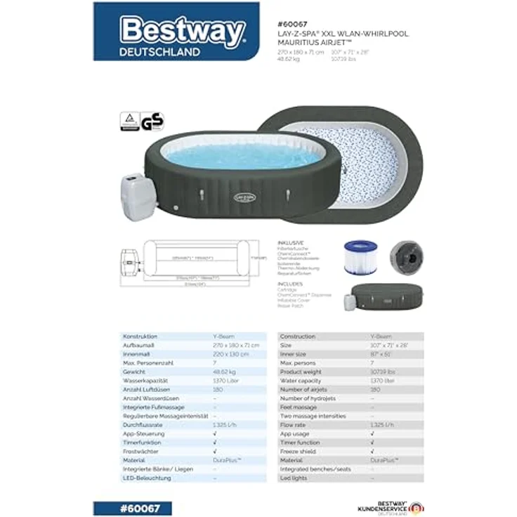 Bestway LAY-Z-SPA XXL WLAN-Whirlpool Mauritius AirJet, oval 270 x 180 x 71 cm, für bis zu 7 Personen, Holz-Optik, mit App-Steuerung und 180 AirJet-Düsen – Bild 12