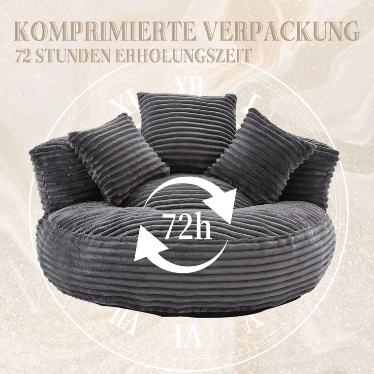 Sitzsack Cord Dunkelgrau, mit hoher Rückenlehne & Kissen, 108x108x52 cm – Bild 7