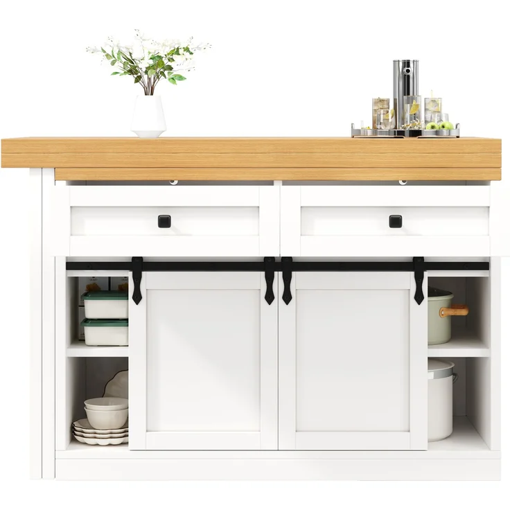 Esstisch, erweiterbar, B 120–197 x T 40 x H 72 cm, 360° drehbare Tischplatten, Weiß und Holzoptik – Bild 10