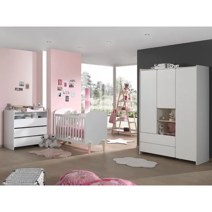 Babyzimmer Set Kiddy best. aus: Babybett 60x120 cm, Kommode Wickelaufsatz, Regal und Kleiderschrank 3-trg., Ausf. MDF weiß lackiert