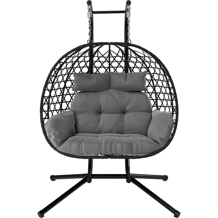 STEELSØN 'Sarin' Doppelhängesessel mit Metallgestell, höhenverstellbar und faltbar, wetterfest, Polyrattan, dunkelgrau/schwarz, bis 220 kg belastbar, inkl. Kissen – Bild 13