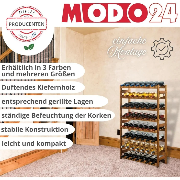 Modo24 Weinregal Flaschenregal Holzregal Flaschenständer Varianten 12 bis 91 Flaschen, RW1 Getränkeregal, 3 Farben, FSC Holz Nachhaltig – Bild 3
