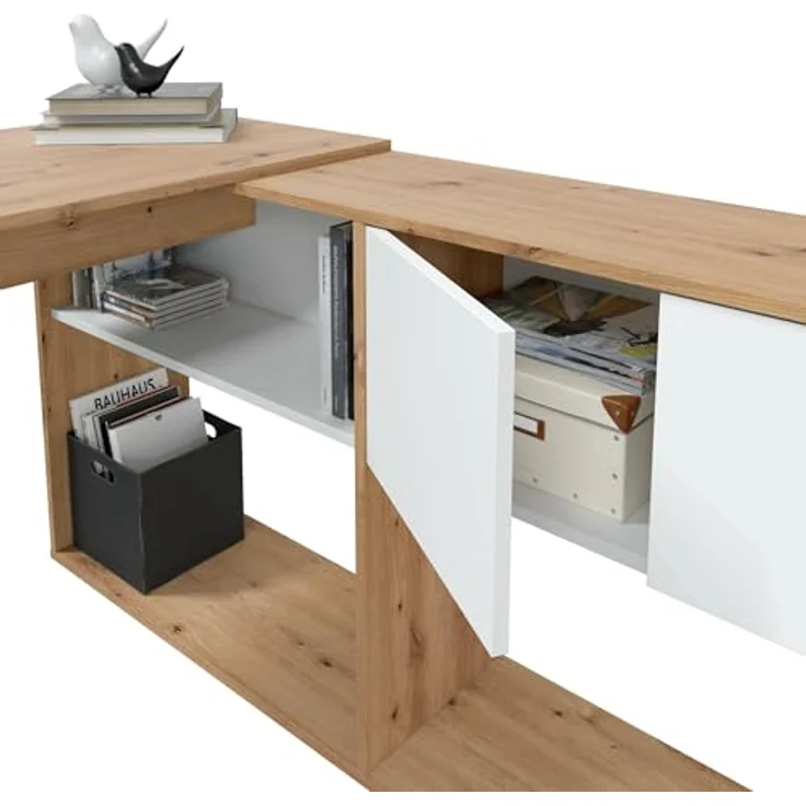 Dmora - Riverside-Schreibtisch, multifunktionaler umkehrbarer Eckschreibtisch mit Bücherregal, Arbeits- oder Bürotisch mit mehreren Positionen, 108 x 70 x 140 cm, weiße und geknotete Eiche – Bild 7