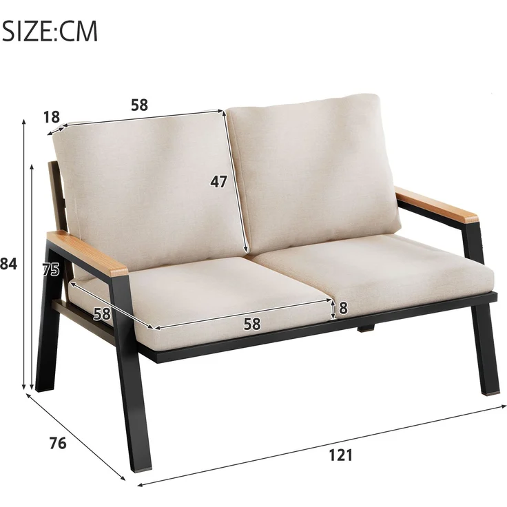Merax Gartenmöbel-Set, Outdoorsofa, 2-Sitzer-Sofa, Handläufe aus Holz-Kunststoff-Verbundwerkstoff, Industriestil, graubeige – Bild 4