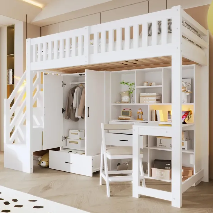 Hochbett mit Schreibtisch, Kleiderschrank, Regal, Lattenrost und Rausfallschutz, 90x200cm, Kinderbett, Stauraum, Jugendbett, Kiefer – Bild 2