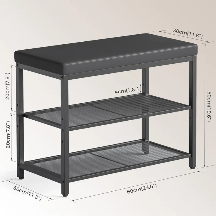 Mondeer Schuhbank mit Gepolsterter Sitzfläche, Schuhregal mit 2 Gitterablagen Höhenverstellbar Platzsparend Industriestil, für Eingang Flur Schlafzimmer, 60 x 30 x 50 cm, Schwarz – Bild 3