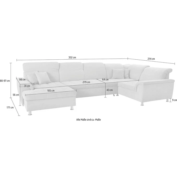 DOMO collection Wohnlandschaft Franzi wahlweise mit Kopfteilverstellung Bettfunktion, Bettkasten, im XXL-Format B/T/H: 352/214/80 cm, Steppung im Sitz, U-Form – Bild 3
