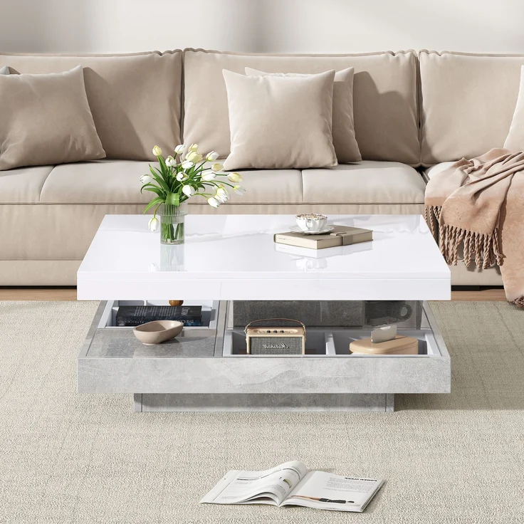 Couchtisch 70 x 70 x 36 cm, moderner Hochglanz-Wohnzimmertisch in Weiß mit marmorfarbenem Sockel – Bild 3