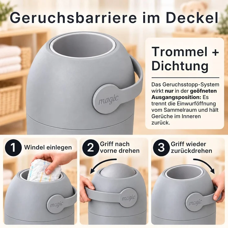 Set Magic Windeleimer, Abfalleimer mit Geruchsstopp, ohne Kassette + Windel | Hygienischer Mülleimer Geruchsdicht für Windeln ohne Kassette, Hygieneeimer für Windelentsorgung, Bad, Kinderzimmer, Küche – Bild 5