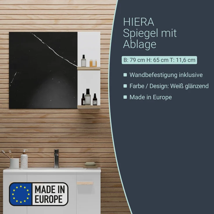 BADEDU HIERA Spiegel 79 cm breit, Weiß, zwei Ablagen – Bild 2