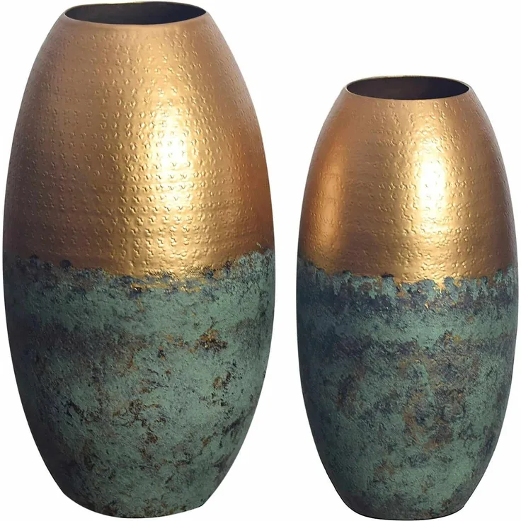 Deko Vase 2er Set Aluminium Gold Patina Modern Rund Handgefertigt