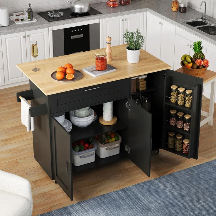 L132.5*B44(70)*H90cm großer mobiler Küchentisch, Arbeitsplatte klappbar, Eiche Maserung, multifunktionaler Schrank, Gewürzregal, Handtuchhalter, 5 Rollen, geeignet für Küche/Essen/Haus – Bild 1