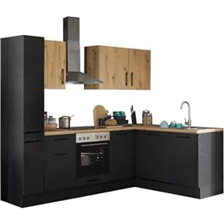 Turin L Eckküche 250 x 211 x 60 cm, schwarz - Ohne Küchengeräte - Moderne, geräumige Küche in Artisan-Eiche Optik mit viel Stauraum – Bild 2
